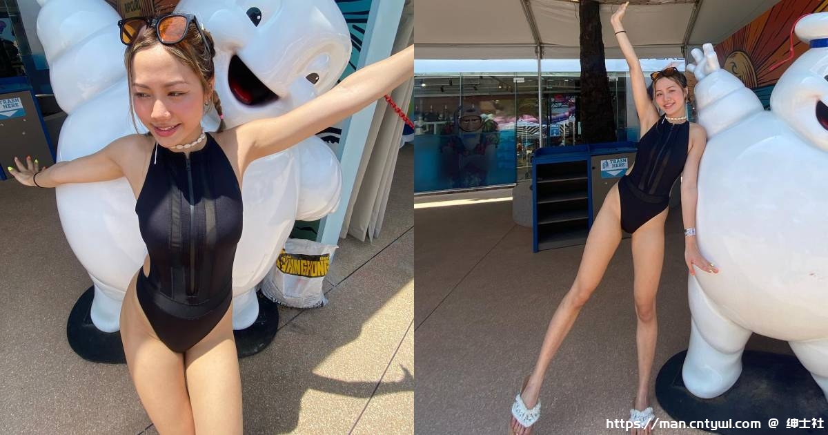 金髮辣妹「Barbie葆葆」水上乐园玩耍，高衩泳装秀「修长美腿」辣翻路人！